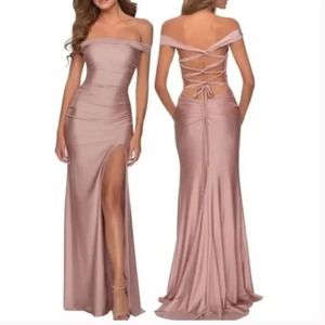 La Femme Off the Shoulder Satin Strappy Back Trumpet Gown in Mauve